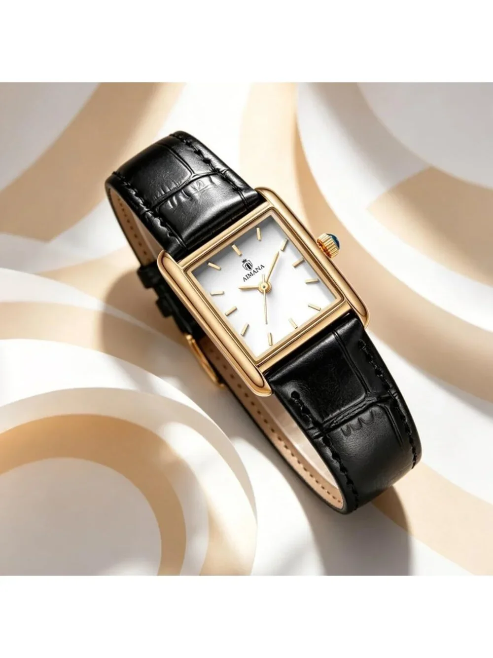 Women's Gold Case Black Rectangle Vintage Leather Strap  Quartz Movement Watch